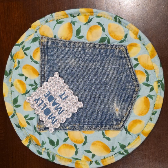 Hand Crafted Other - HAND CRAFTED Tortilla Holder UPCYCLED Blue Denim Yellow Lemons 9 Inch